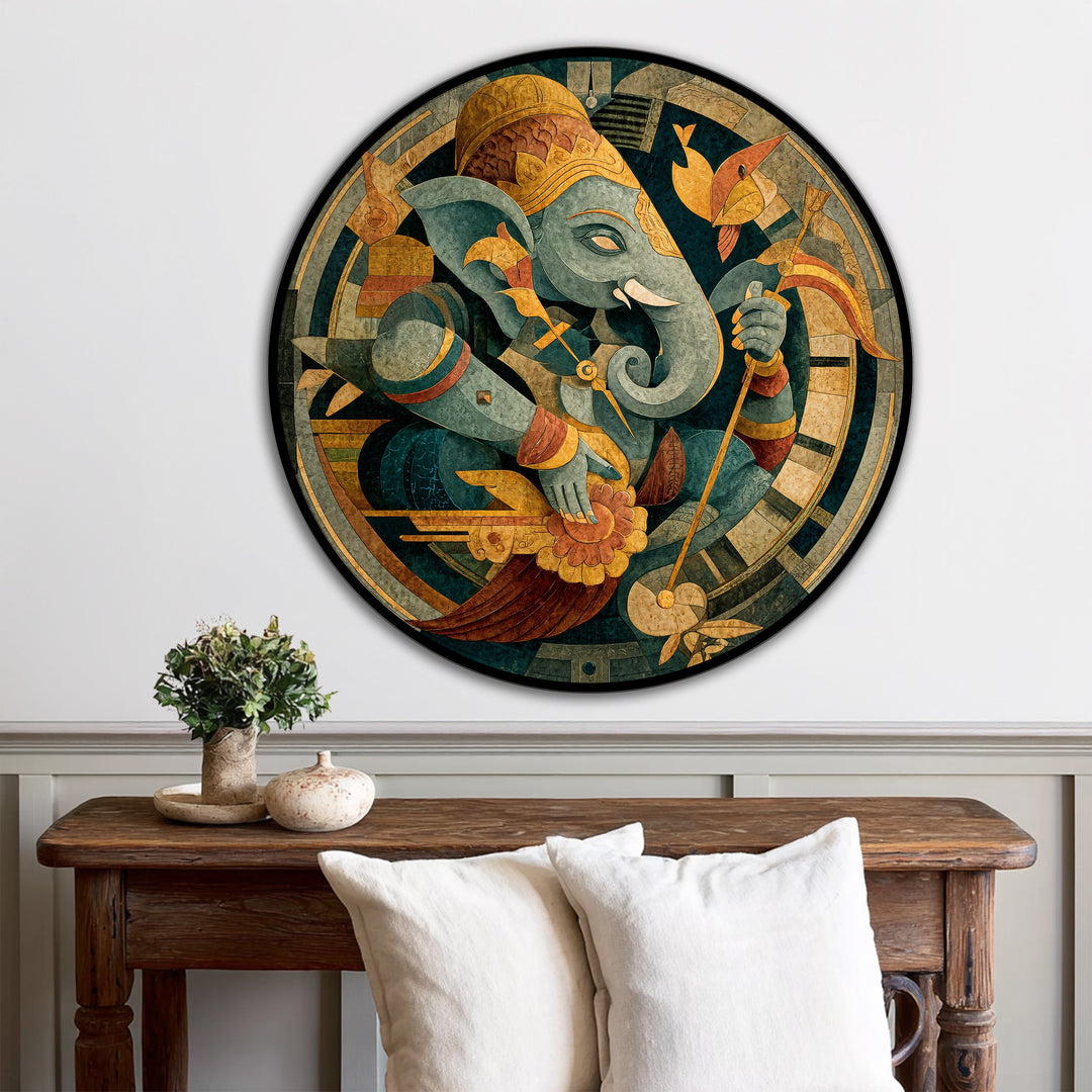 Warm yellows and reds contrast with cooler blues and greens in this mythological round oil painting reproduction print, creating a balanced color temperature.