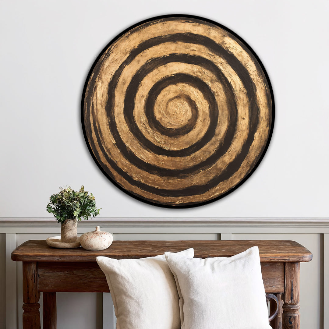 Ondulation dorée–Bois rond abstrait Tableau Peinture à l’huile Art mural