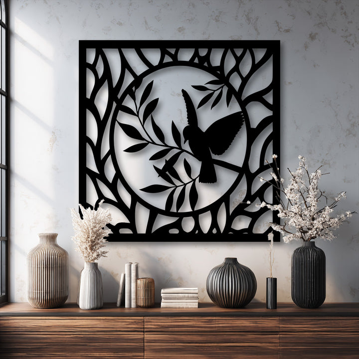 Sunlight casts distinct shadows of the elegant bird and nature circle metal decoration wall art, creating depth and visual interest in the scene.