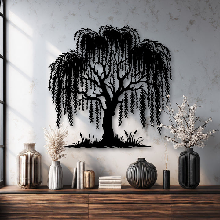 The stillness of a graceful willow tree silhouette metal art for wall evokes a calm, nature-inspired ambiance in this serene setting.
