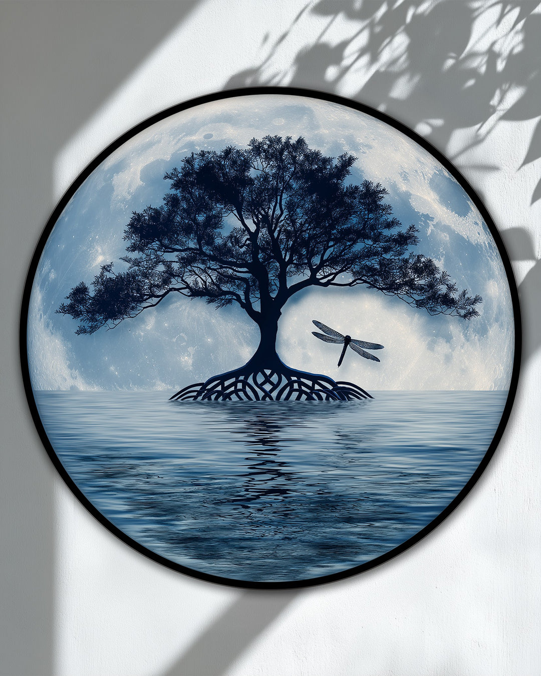 The focal point of this high quality canvas prints features a moonlit tree reflection with a dragonfly, creating a serene night landscape round canvas print.