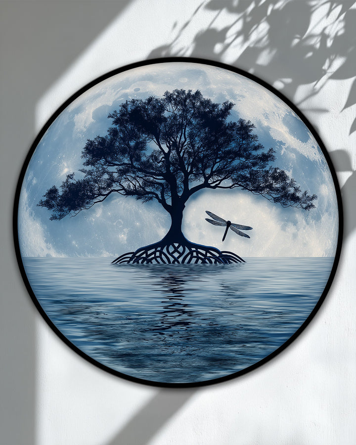 The focal point of this high quality canvas prints features a moonlit tree reflection with a dragonfly, creating a serene night landscape round canvas print.