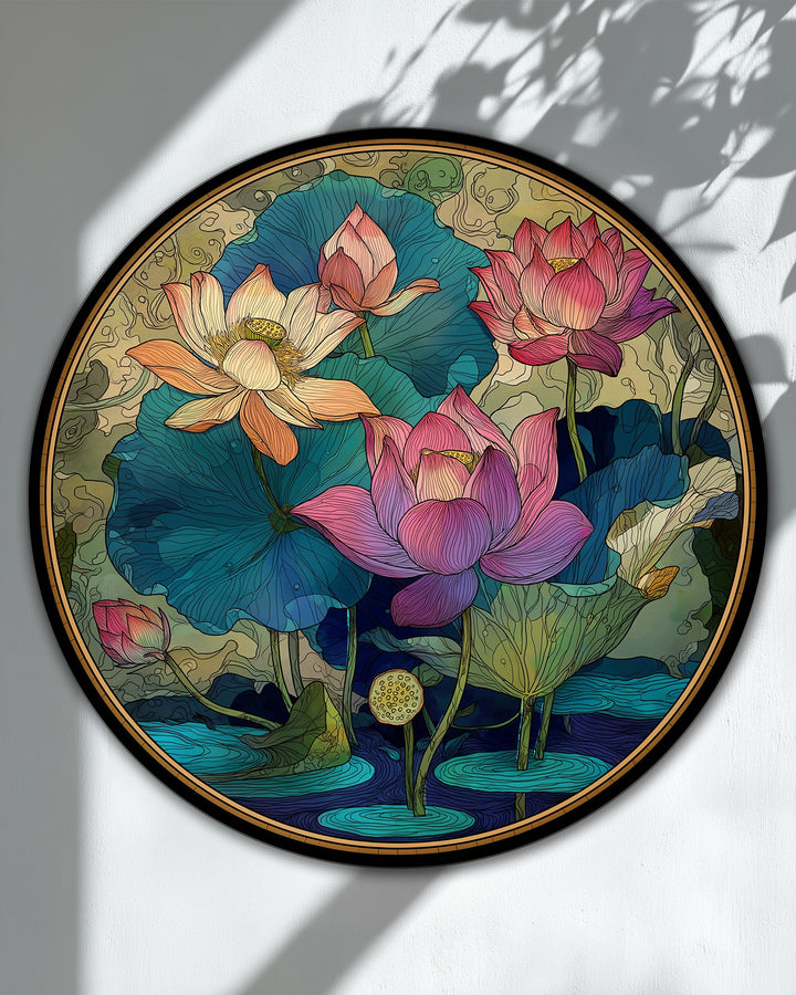 Foreground detail showcases the ornamental lotus flowers and rippling water in this framed canvas print, adding depth to the decorative floral wall art.