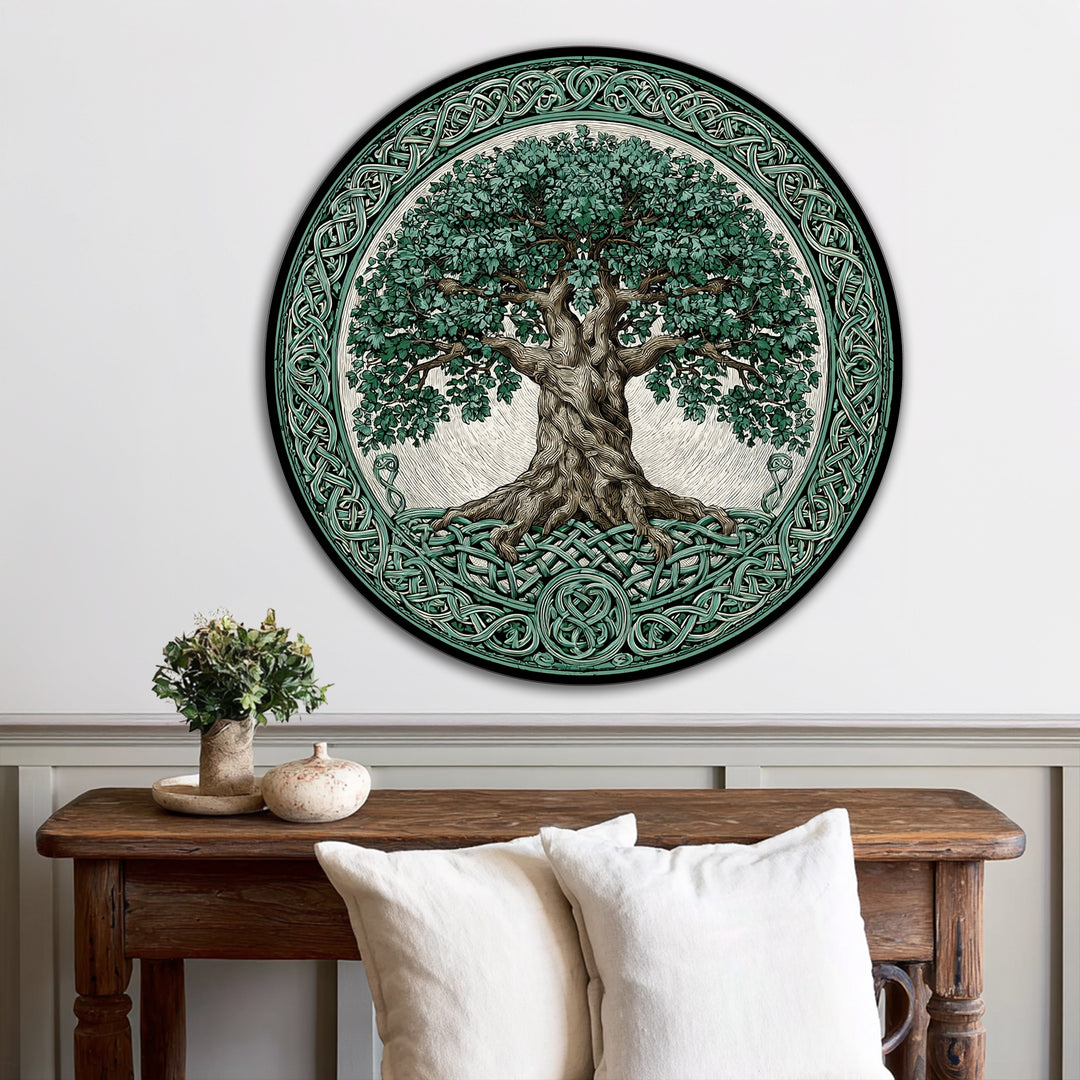 Depth and layers are showcased in this Celtic Tree of Life round oil painting art prints, the intricate knotwork border creating a dimensional effect.