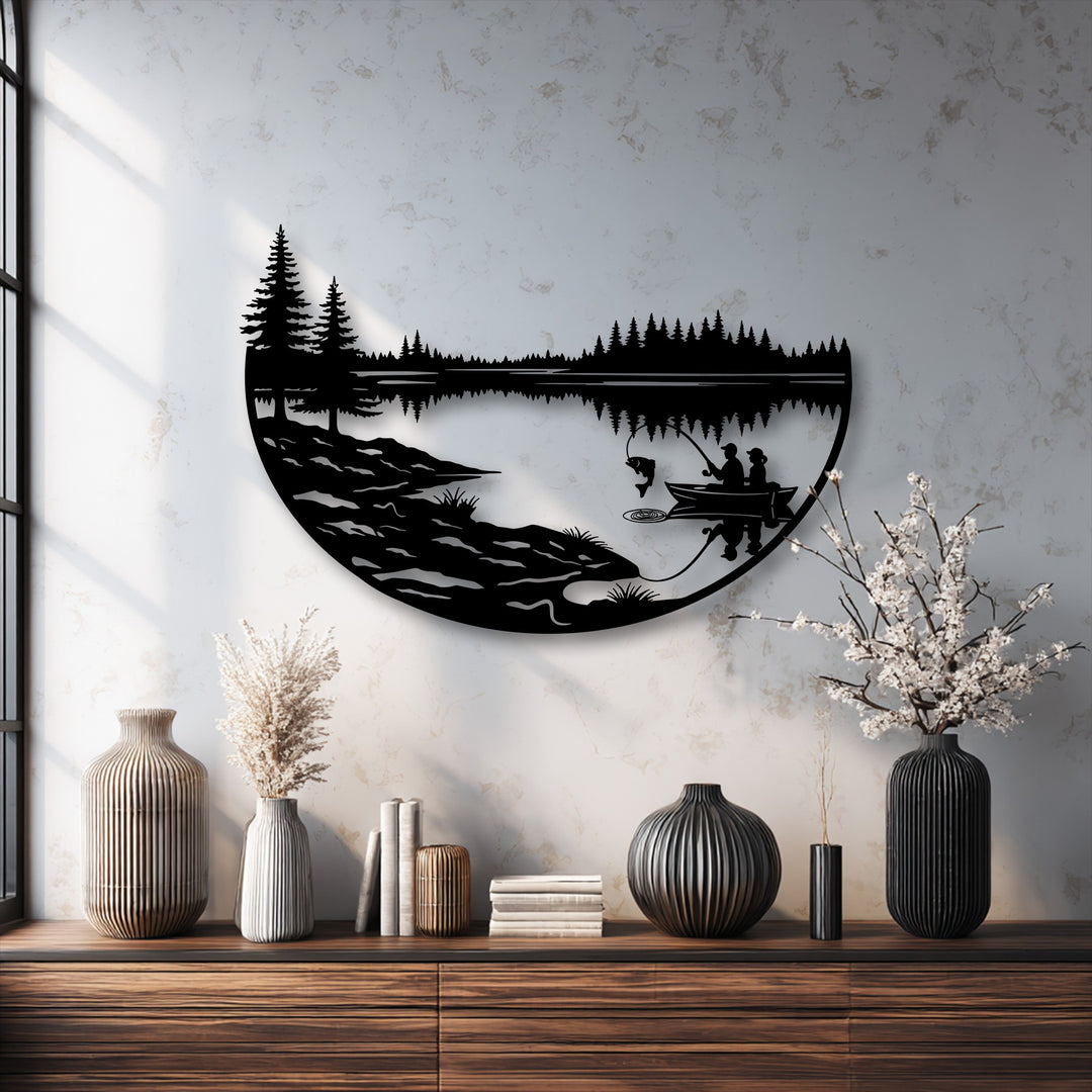 The subtly textured bright wall illuminates the Peaceful Fishing Lake Metal Wall Art, an elegant decoration wall art piece.