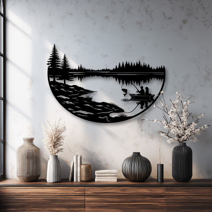 The subtly textured bright wall illuminates the Peaceful Fishing Lake Metal Wall Art, an elegant decoration wall art piece.