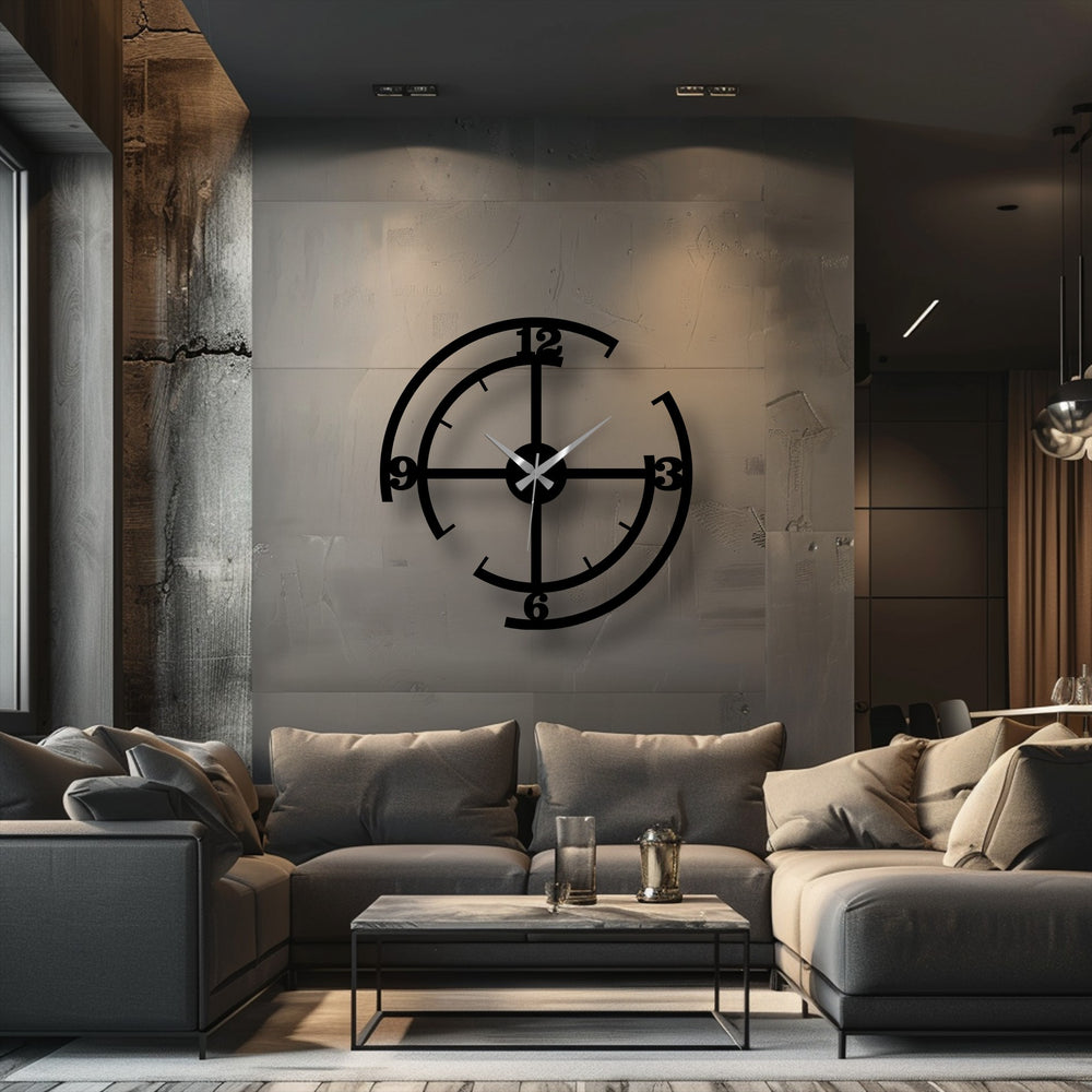 Low color saturation highlights the black geometric metal wall clock as a striking piece of metal wall decor against the muted gray tones of the contemporary living room.