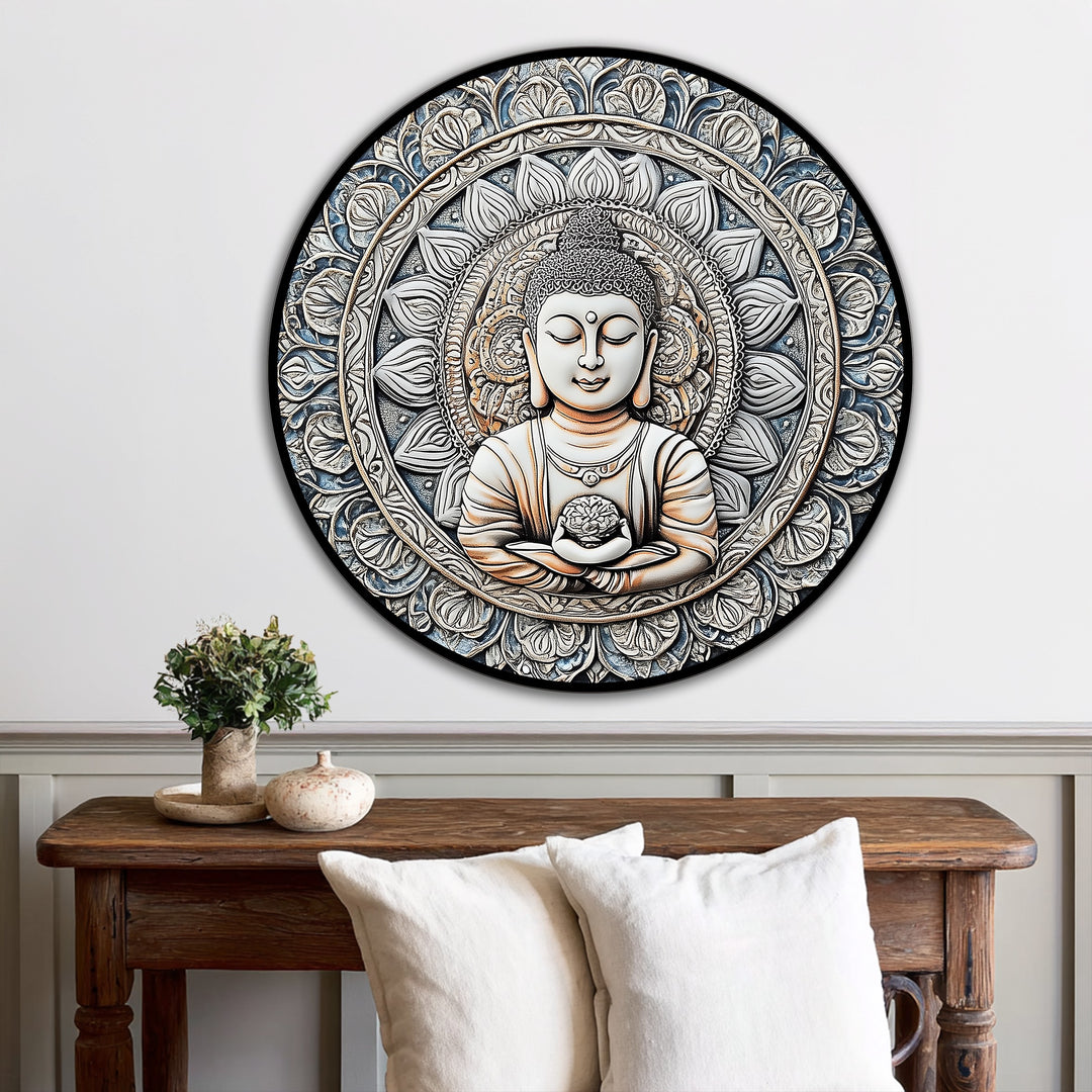 Featuring the loudest element, this mandala Buddha round oil painting home decor presents a striking visual centerpiece with its elegant, circular design.
