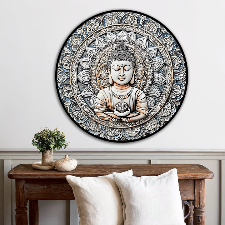 Featuring the loudest element, this mandala Buddha round oil painting home decor presents a striking visual centerpiece with its elegant, circular design.