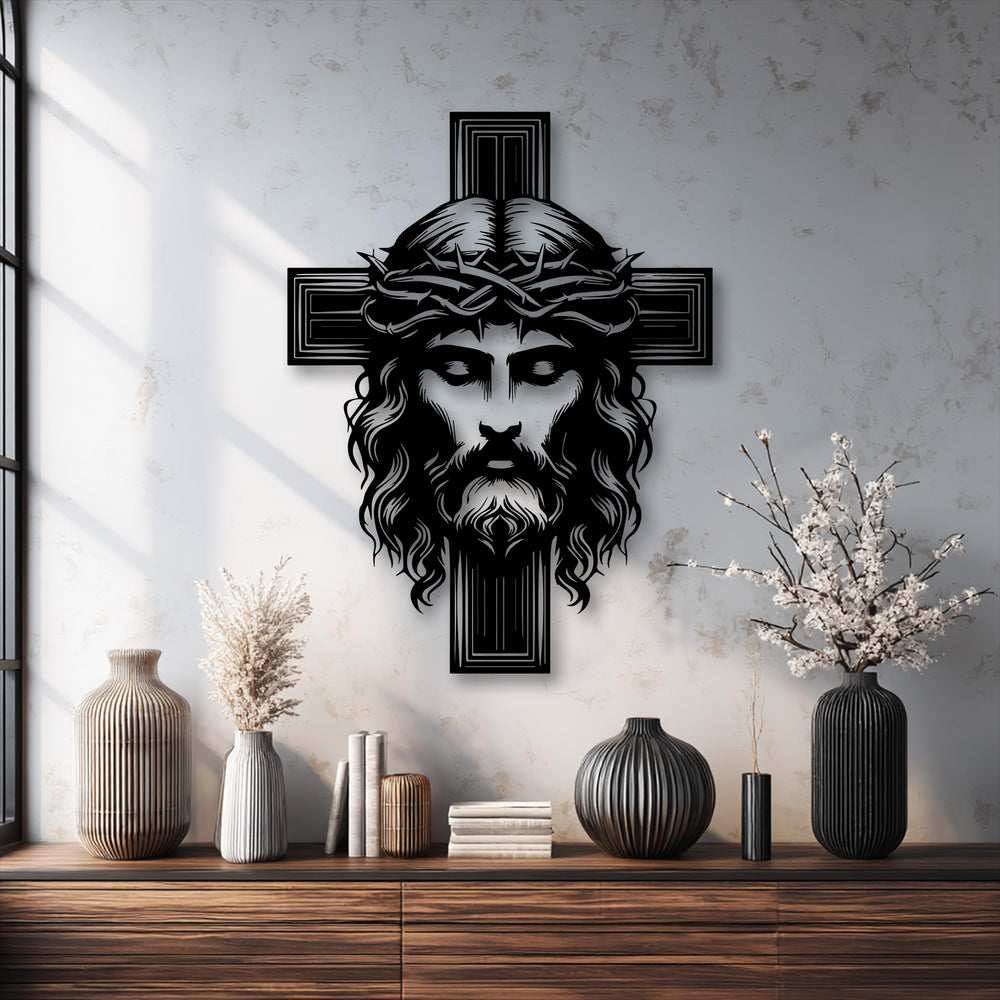 The Sacred Cross with Christ metal art for wall exhibits impressive depth and layered elements, casting distinct shadows on the nuanced white wall.