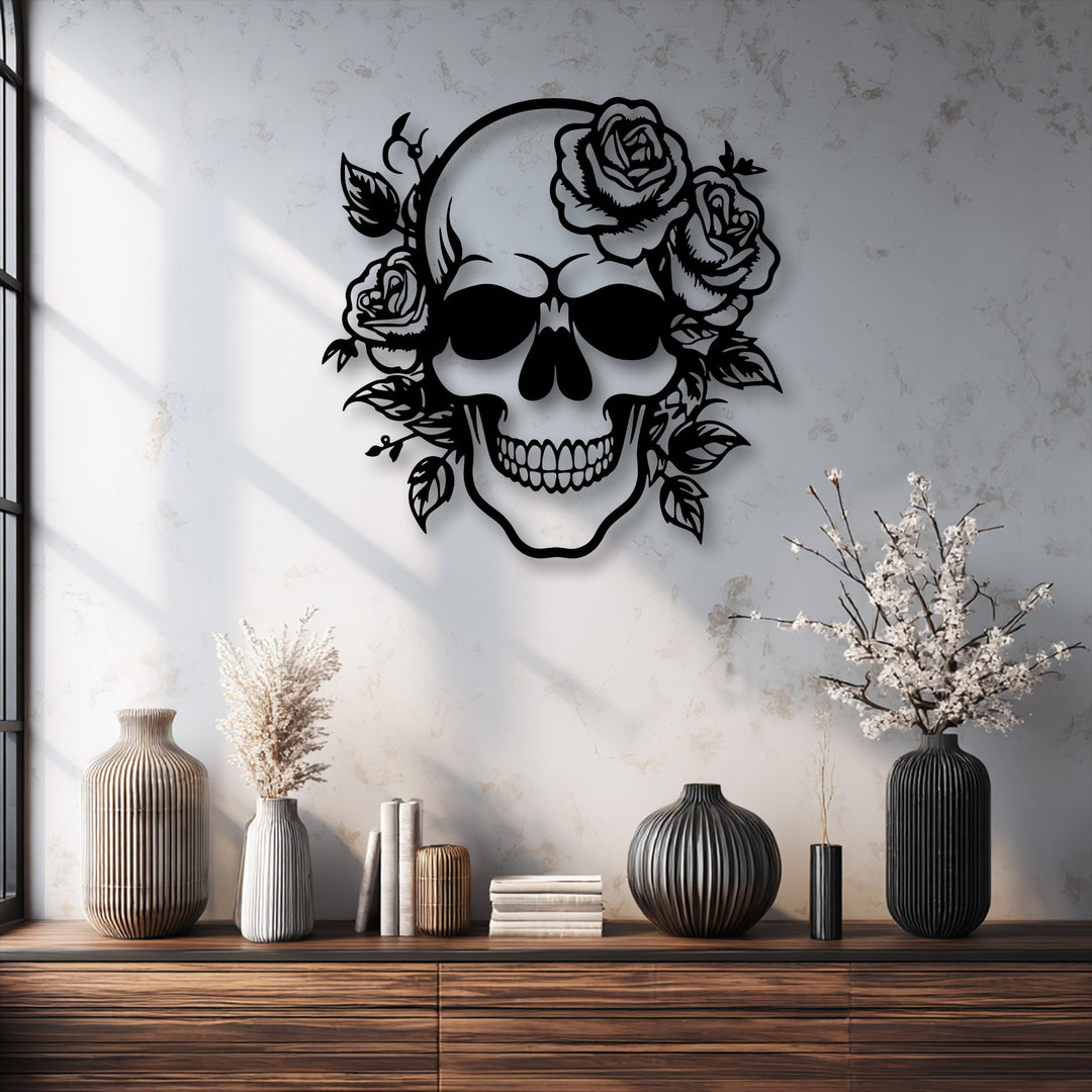The negative space sculpts the intricate silhouette of a floral skull metal art for wall, starkly contrasting against the brightly lit textured surface.