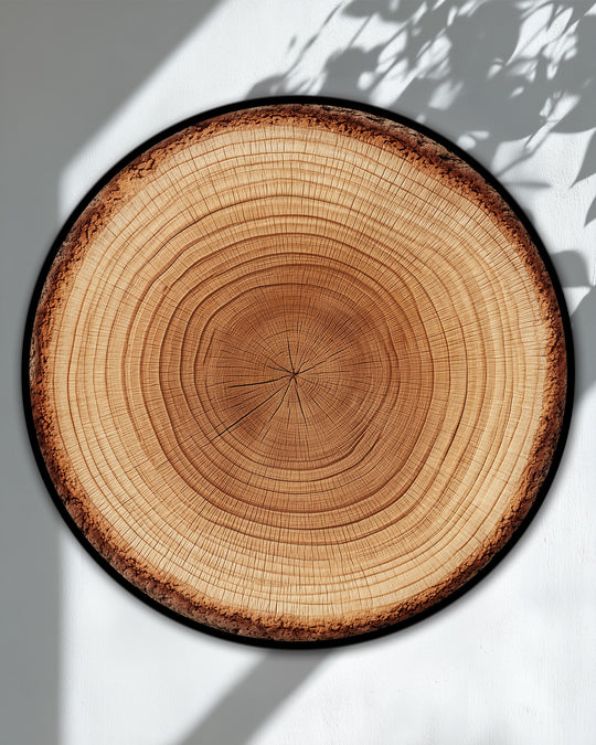 Framed canvas features a rustic, round natural wood texture canvas art, highlighting the bark edge and slim black border.