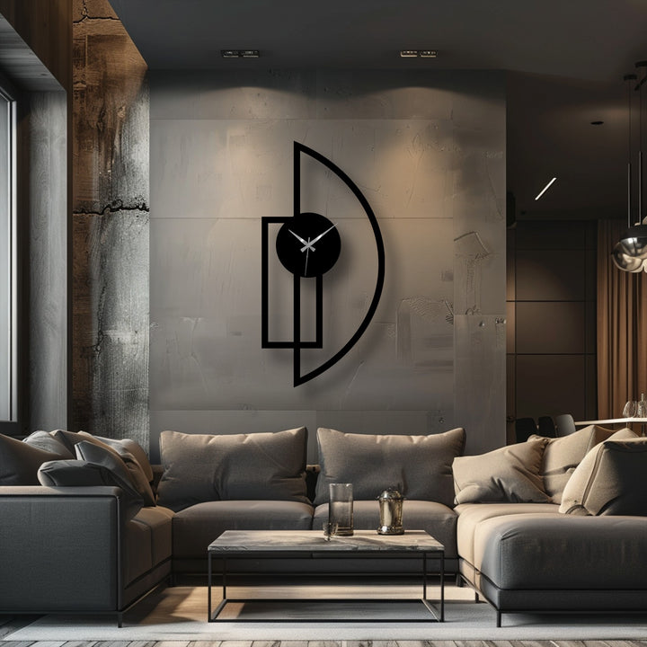 Showcasing a minimalist half-moon metal art for wall clock, the central subject is an elegant geometric statement piece in a modern interior.
