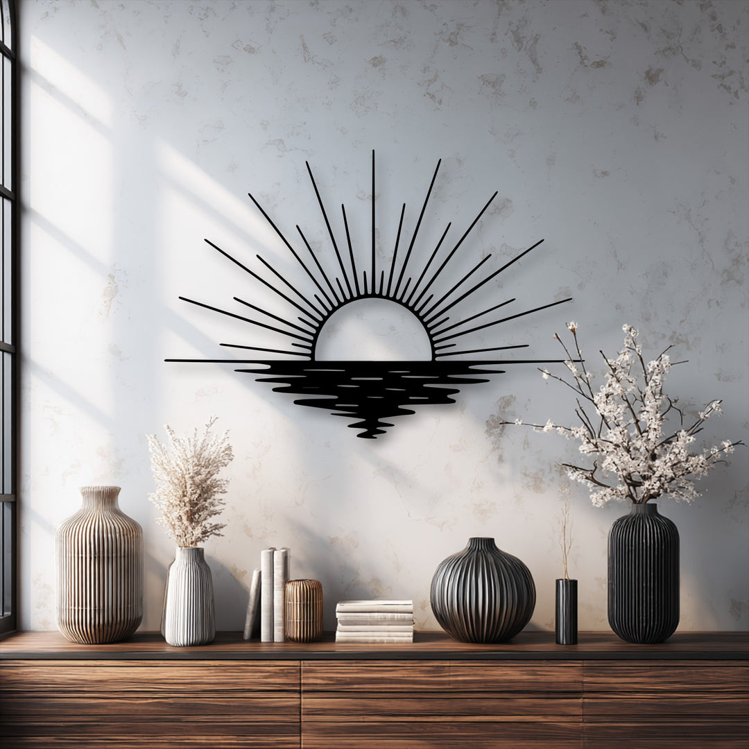 The textured pale wall with subtle, abstract patterns serves as a minimalist backdrop for the stunning decorative metal art.