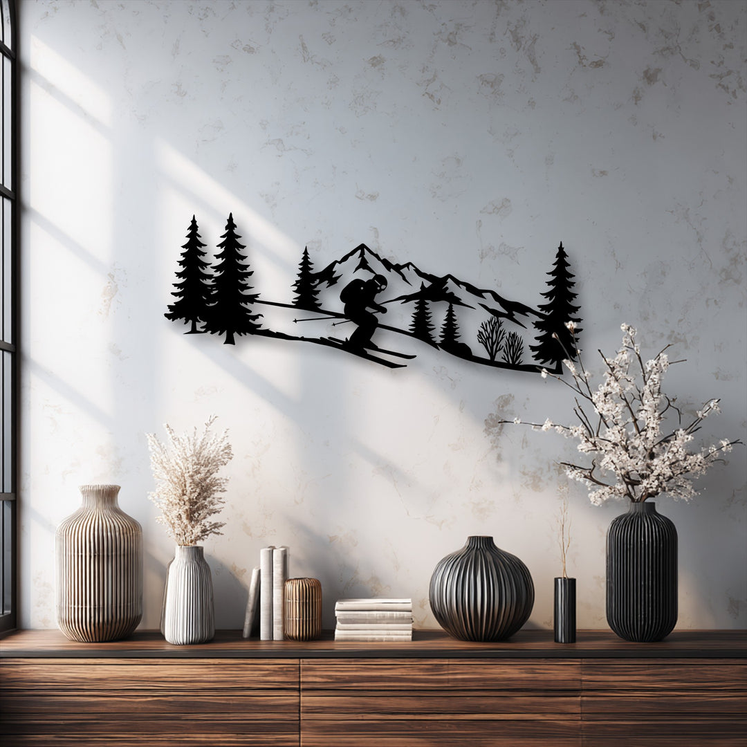 A dynamic Alpine adventure unique metal wall art featuring a skier and mountains, illuminated by a blend of cool ambient light and warm sun streaks.