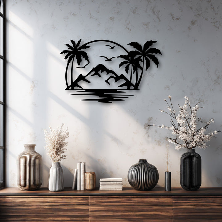 Showcasing depth, this unique metal wall art depicts a tropical island paradise silhouette with layered mountains, palm trees, and ocean reflections.