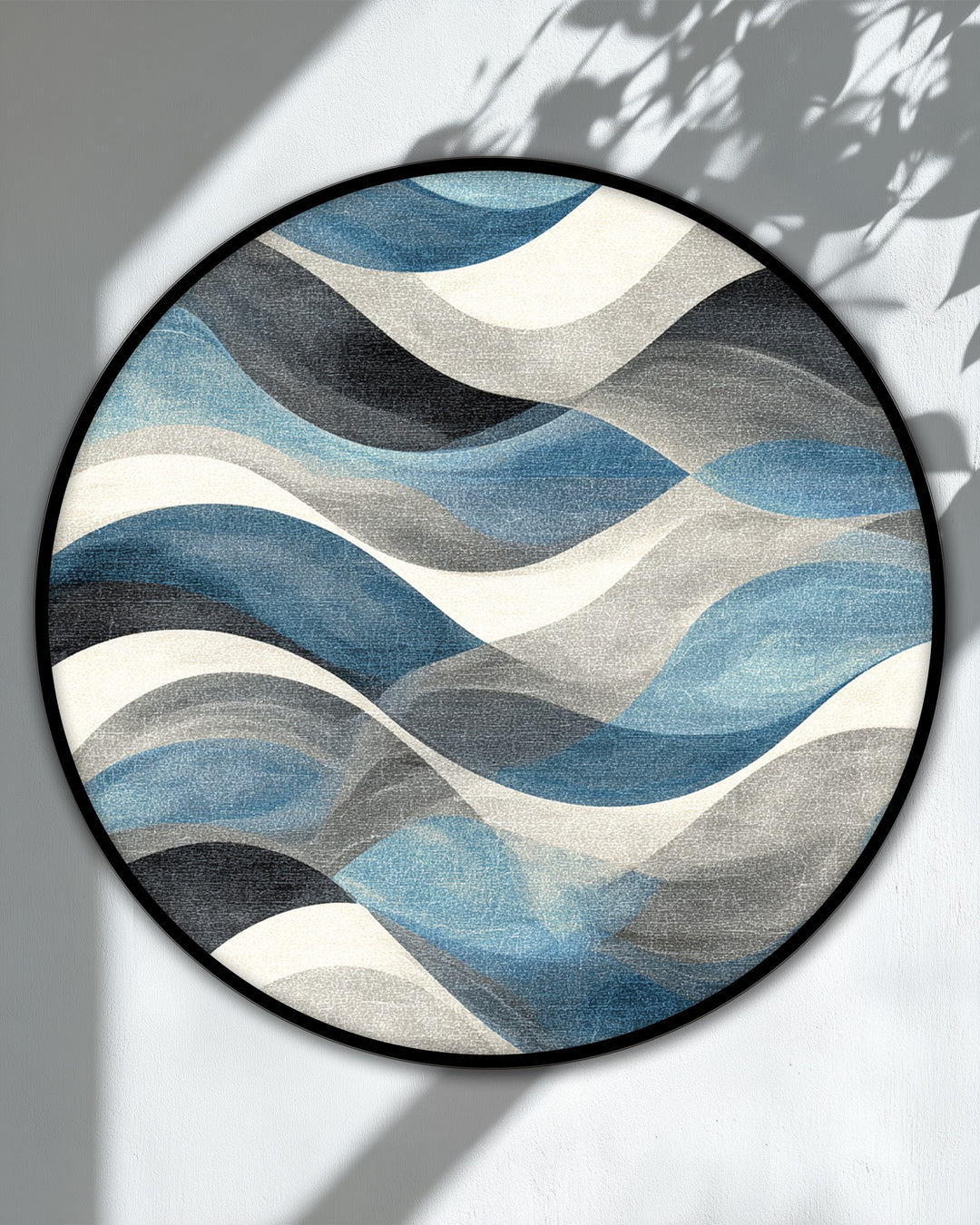 Foreground detail shows the swirling pattern and texture of this big canvas prints, part of a modern coastal wall art featuring flowing blue waves.