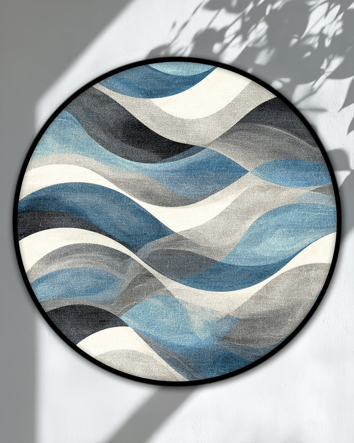 Foreground detail shows the swirling pattern and texture of this big canvas prints, part of a modern coastal wall art featuring flowing blue waves.