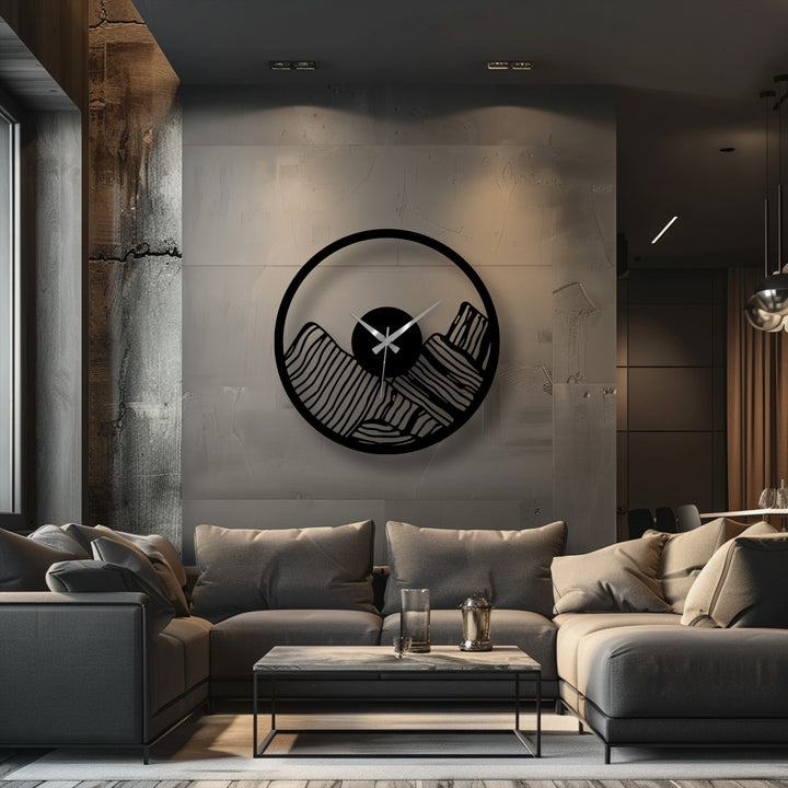 Organic lines create a mountainous scene within this modern canyon landscape metal wall clock, making it a distinct piece of home decoration.