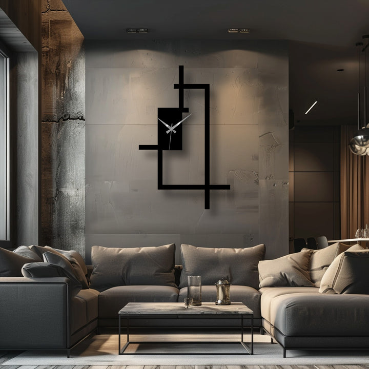 Showcasing a central abstract line frame metal wall clock as a unique piece of metal wall decor, blending function and geometric art in a modern living space.