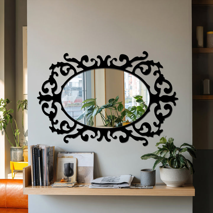 Black is the dominant color in this Victorian Elegance Curved Frame Oval Floor Mirror, offering a unique style in framed wall mirror designs.