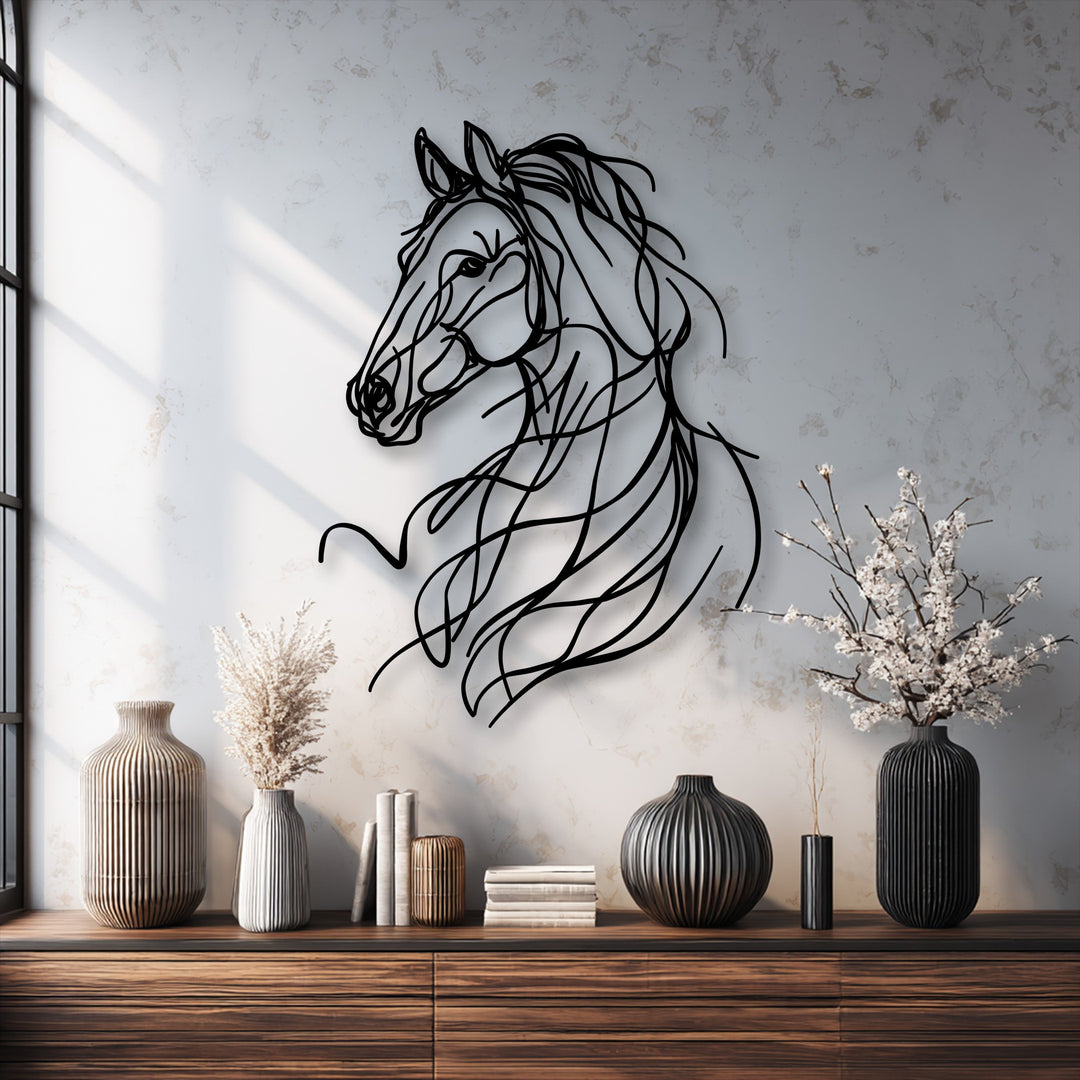 A sleek and graceful abstract horse line unique metal wall art piece with flowing contours is the central subject on a textured light wall.