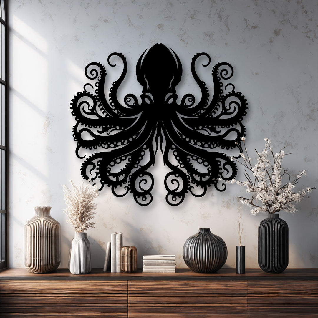 Experience the superior material quality of this intricate black octopus tentacle metal artwork, perfect for striking ocean creature decor.