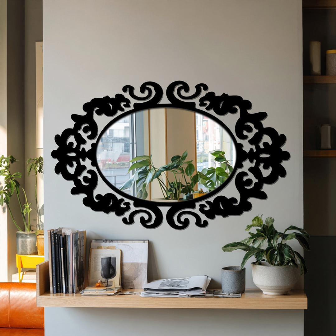 Background features a neutral wall behind a shelf displaying books and plants, complementing the royal crest ornament oval floor mirror.