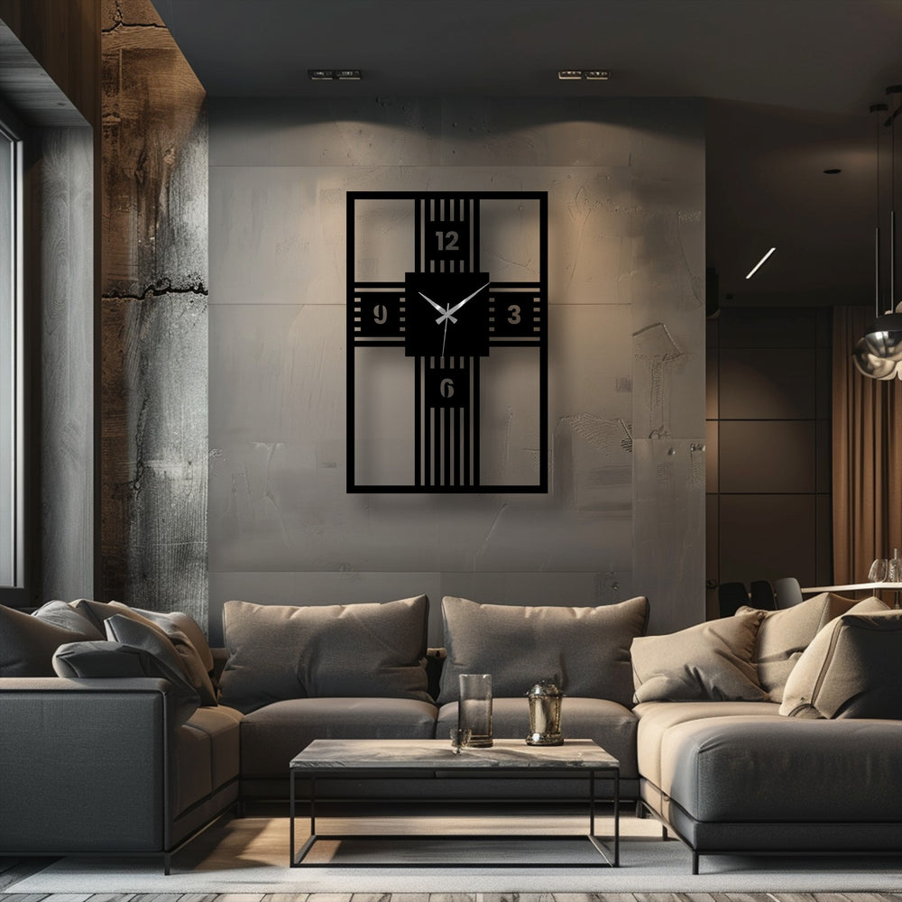 Featuring a bold cross design, this decorative metal art piece is a modern metal wall clock with geometric accents for a stylish and contemporary statement.