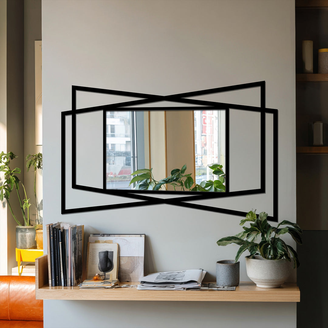 Reflecting the room's color transition, this angular framed modern mirror features sleek black metal lines in a minimal, layered geometric design.