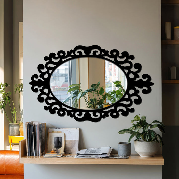 Crafted with premium materials, this oval floor mirror showcases a black metal art for wall scroll frame that adds an elegant touch to any room.
