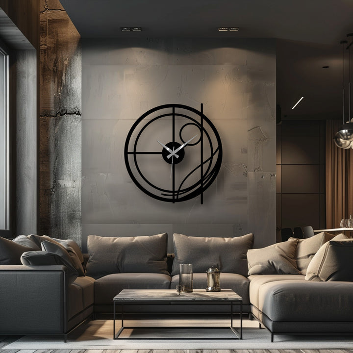Visual rhythm is created by the concentric circles and intersecting lines of this abstract circular line modern metal art for wall clock.