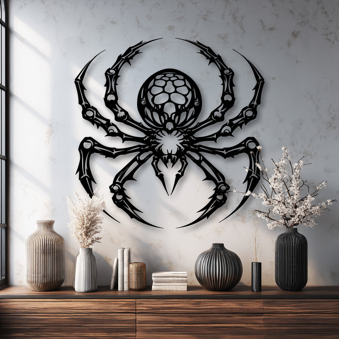 Showcasing intricate depth and layers, a bold Gothic spider metal artwork casts a striking shadow against the textured wall, creating visual intrigue.