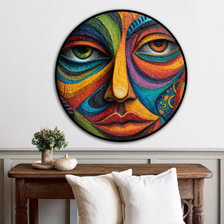 The deepest shadows define the vibrant mosaic face within this colorful expressionist round oil painting art prints, emphasizing the contrast and detail of the piece.