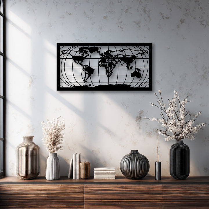 A distinct layering effect is created by the black World Map Grid Silhouette metal artwork casting shadows on the light wall, adding depth.