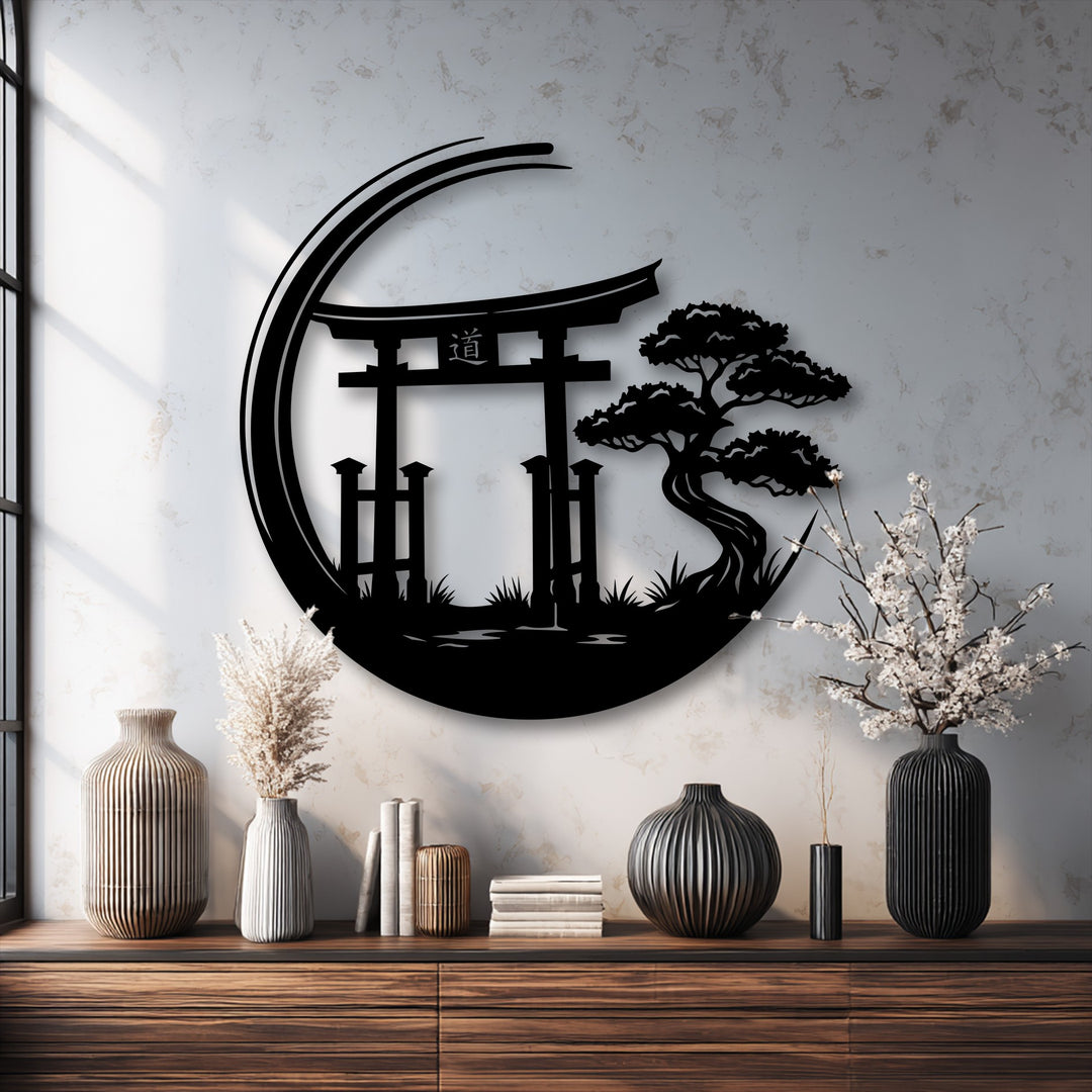 The silhouette of the unique metal wall art featuring a Japanese torii gate and a sweeping bonsai tree evokes a fluid, dynamic sense of tranquility.