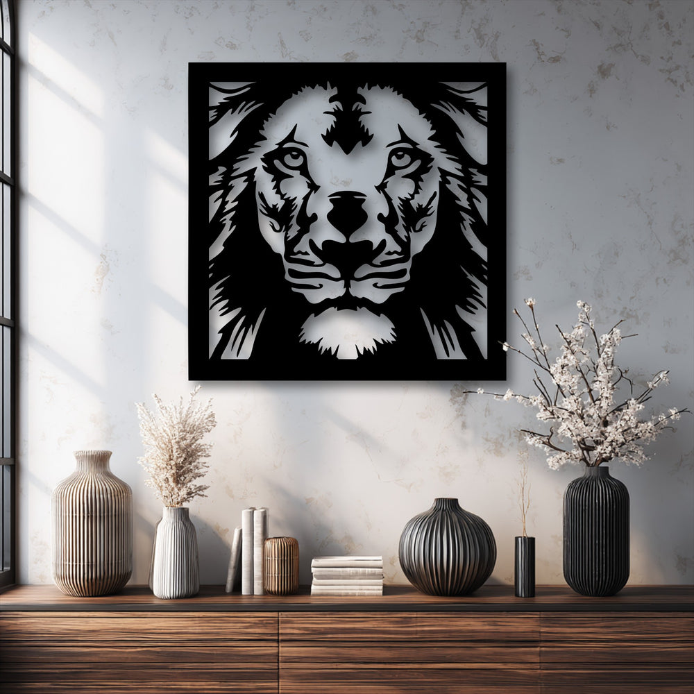 Muted color saturation enhances the powerful monochrome presence of the majestic lion face bold geometric metal artwork.