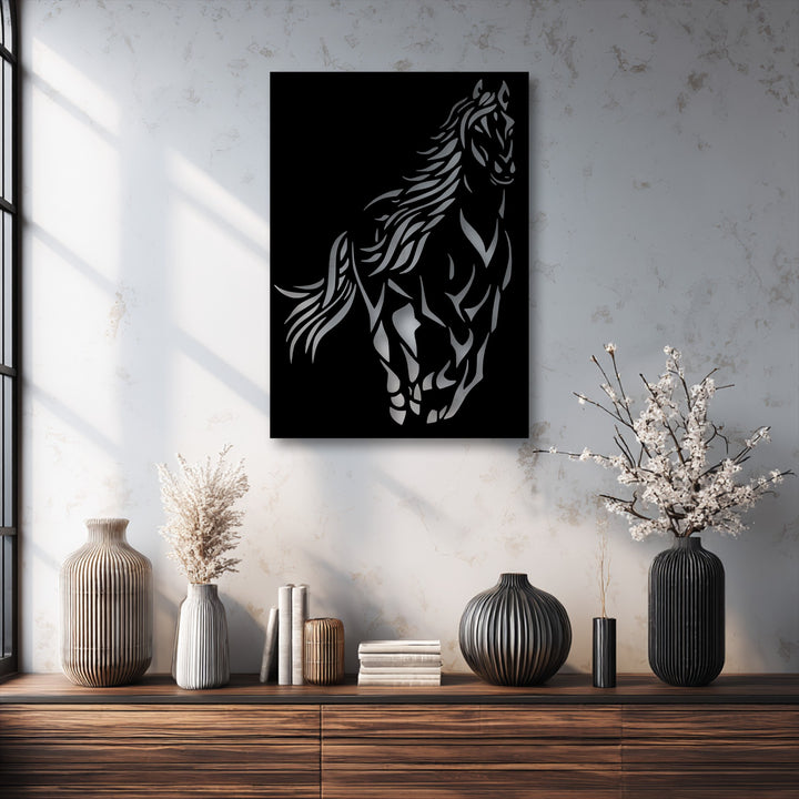 Organic forms of a dynamic wild spirit horse are detailed in unique metal wall art, complemented by natural textures and dried botanicals.