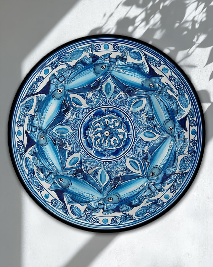 Center mandala surrounded by swimming fish makes this coastal decorative canvas art a vibrant example of canvas art.