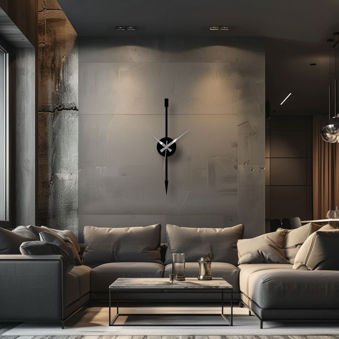Emphasizing the realistic detail, the minimalist vertical arrow shows the modern metal art for wall clock's sleek design, set against a textured backdrop in a contemporary space.