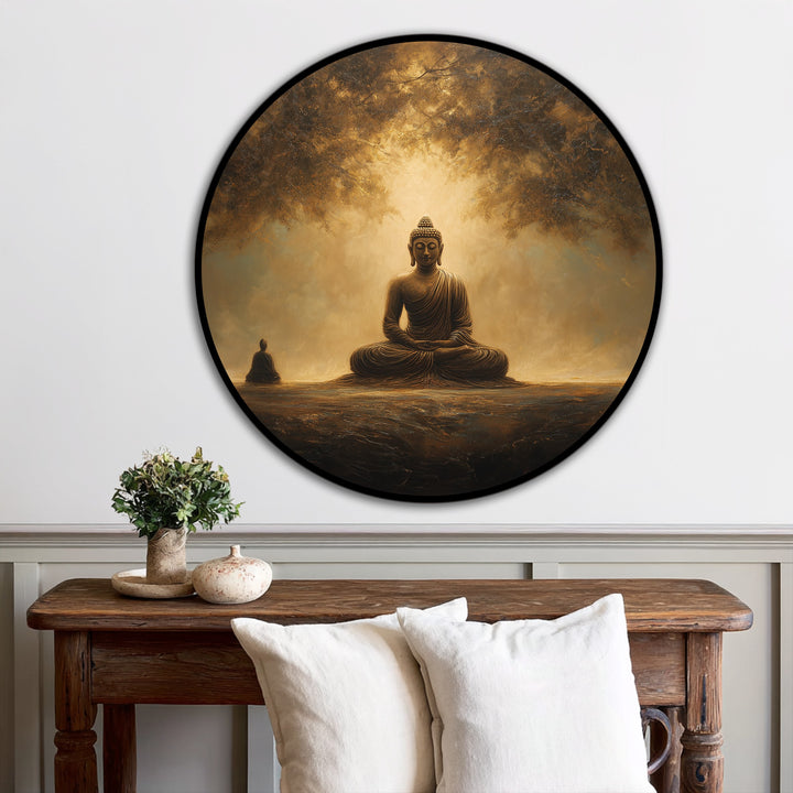 Abstractly, the golden stillness of this serene Buddha round oil painting conveys a spiritual depth enhanced by the rich, meditative oil painting decoration.