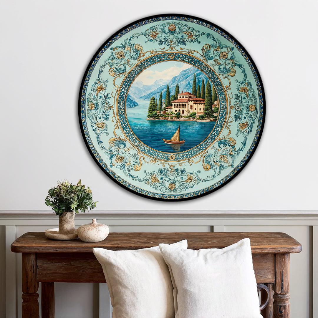 Gradual transitions in this round oil painting decoration showcase turquoise water shifting to verdant shores near a Mediterranean villa beneath soft sky hues.