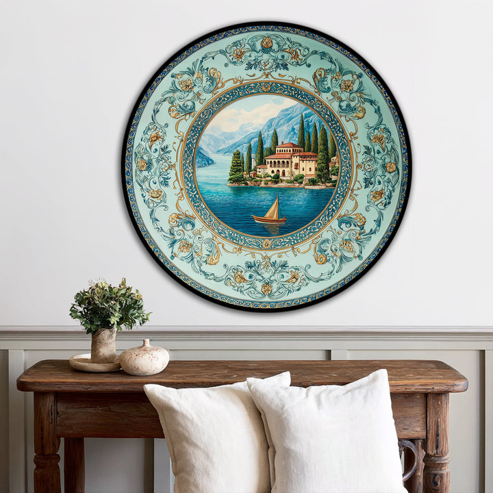 Gradual transitions in this round oil painting decoration showcase turquoise water shifting to verdant shores near a Mediterranean villa beneath soft sky hues.