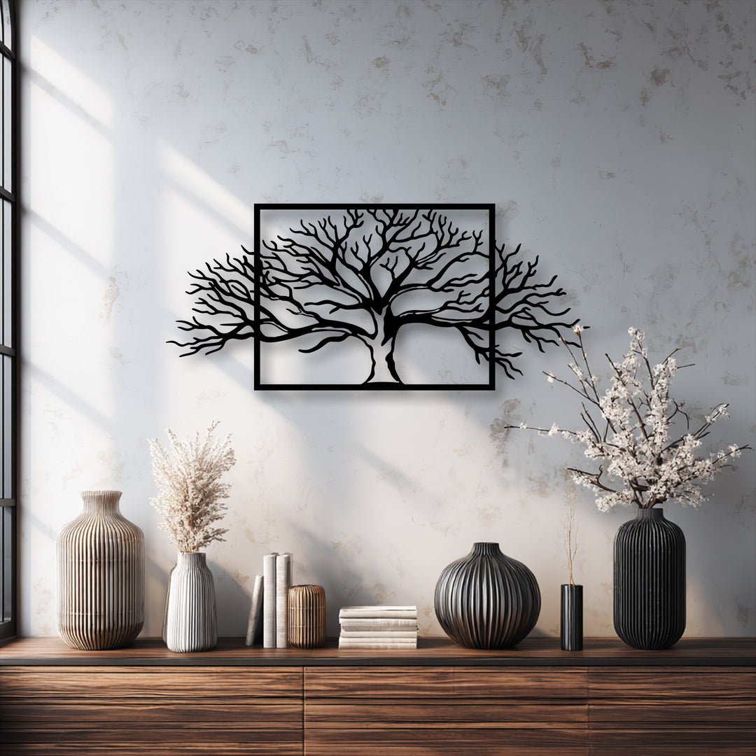 Exceptional material quality defines this black framed tree metal art for wall, with its precision-cut, robust branches forming an abstract design.