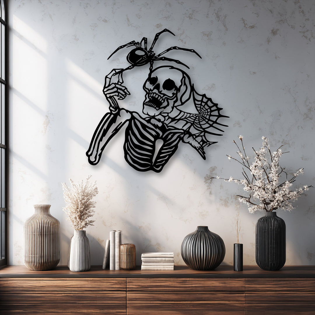The focal point is a dark aesthetic gothic skeleton and spider metal decoration wall art on a textured wall, illuminated by window light.