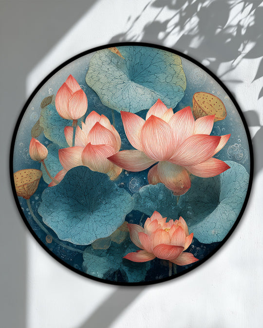 White negative space surrounds a captivating lotus bloom and lily pads round canvas print, highlighting the beauty of nature in this serene canvas wall decor.