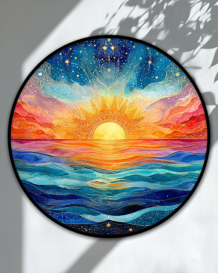 Round canvas print shows geometric elements with radiating lines from the sun and concentric waves in the ocean creating vibrant premium canvas decor.