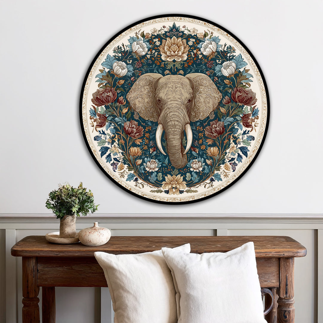 The majestic elephant is the focal point of this round floral oil painting art prints, surrounded by intricately detailed blossoms on a rich, dark background.