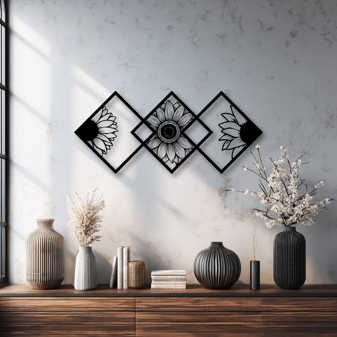 Three interconnected black geometric sunflower decorative metal art panels create a striking modern floral display.