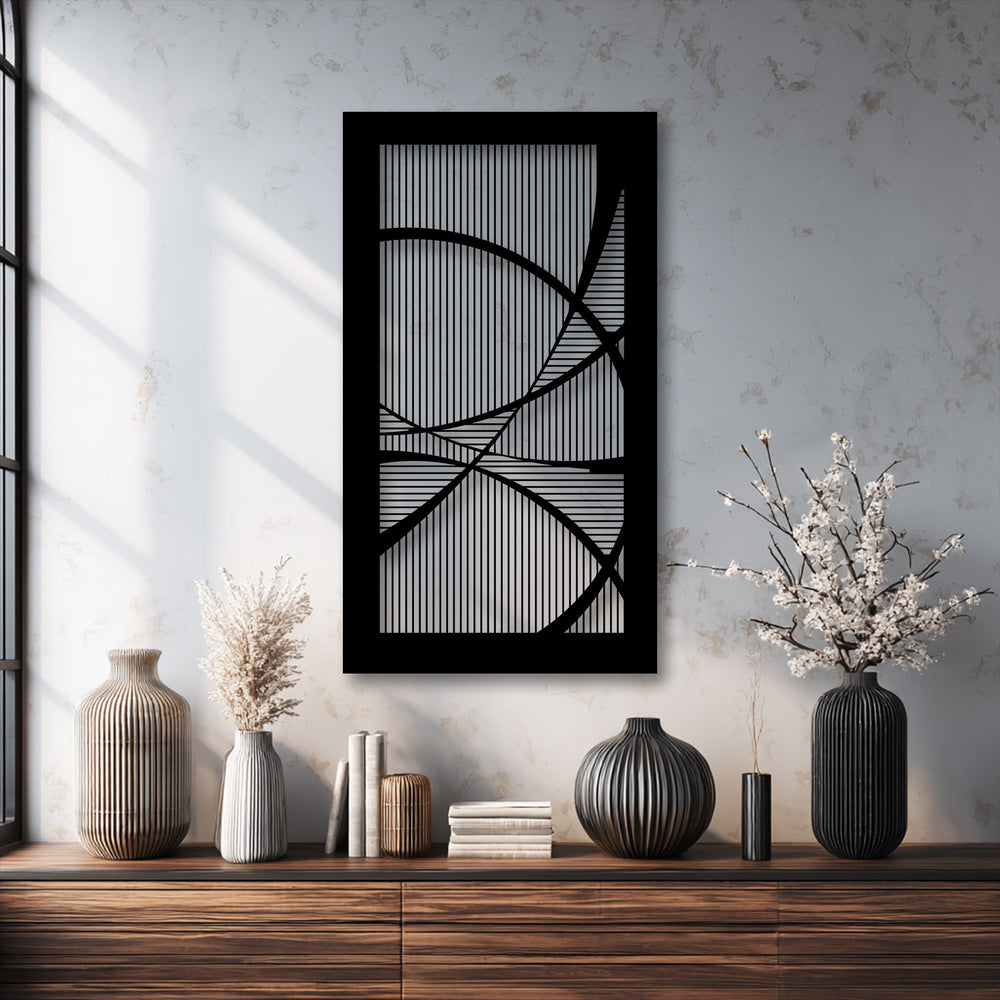 Abstract geometric line harmony in the modern metal art for wall features a striking black frame with vertical and horizontal lines and elegant curves.